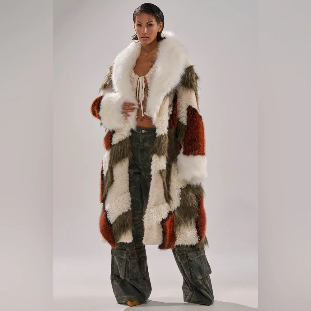 NWT Akira Patchwork Faux Fur Coat in Cream, Olive & Rust    1X /2X - Picture 3 of 12